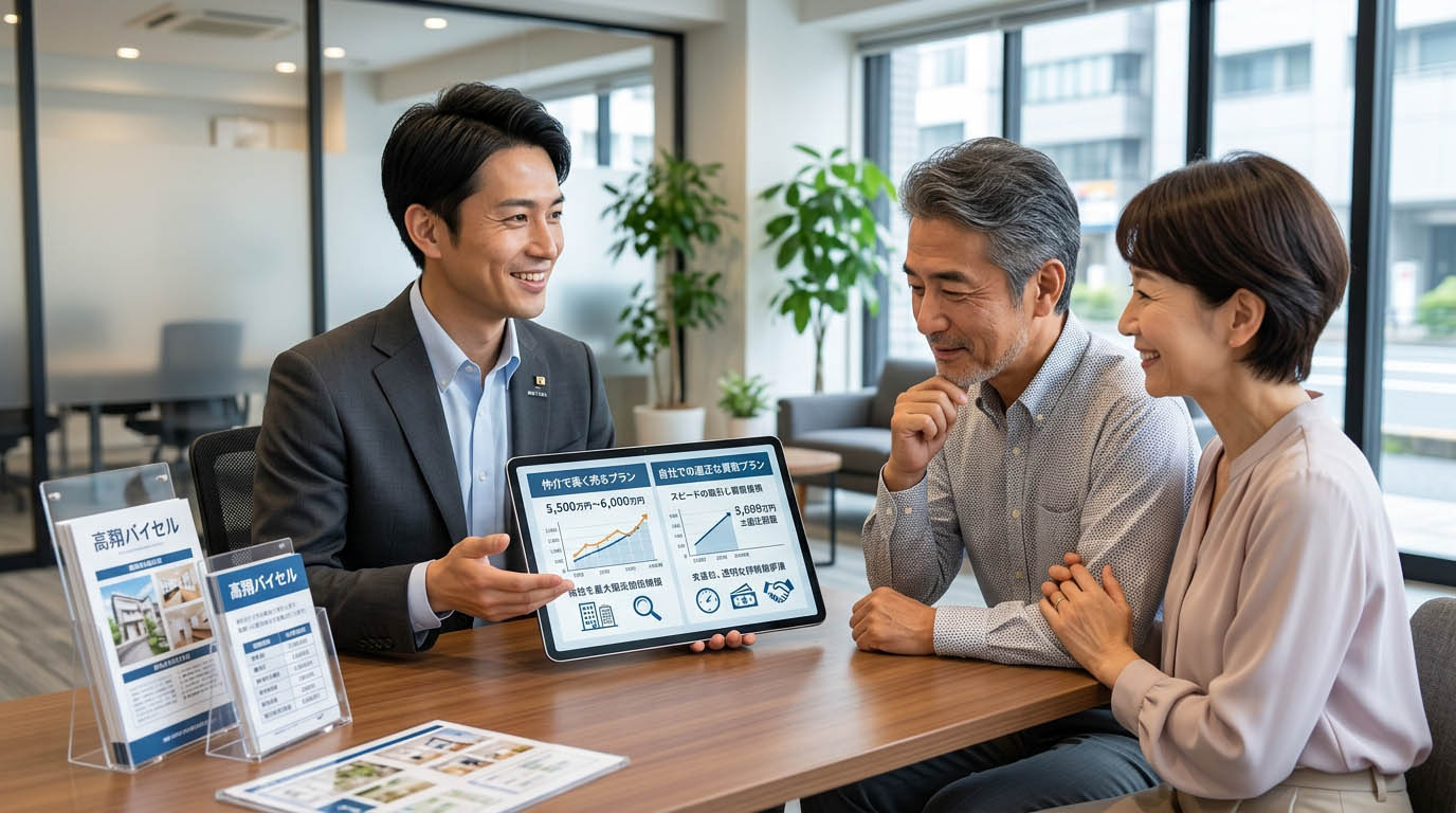 高翔バイセルの不動産担当が、お客様に対し「仲介で高く売るプラン」と「自社での適正な買取プラン」の両方を透明なデータで提示し、最適な出口戦略を一緒に考えている様子