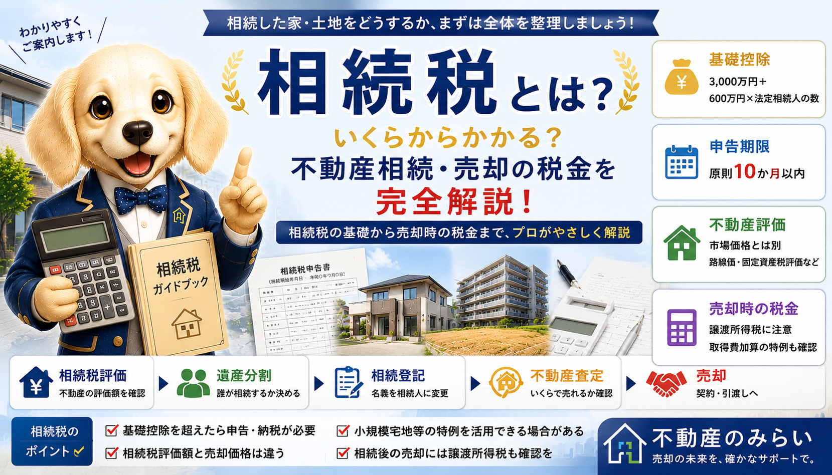 相続税の基礎控除、不動産評価、小規模宅地等の特例、相続した家を売却したときの税金を解説する不動産のみらいのタイトル画像