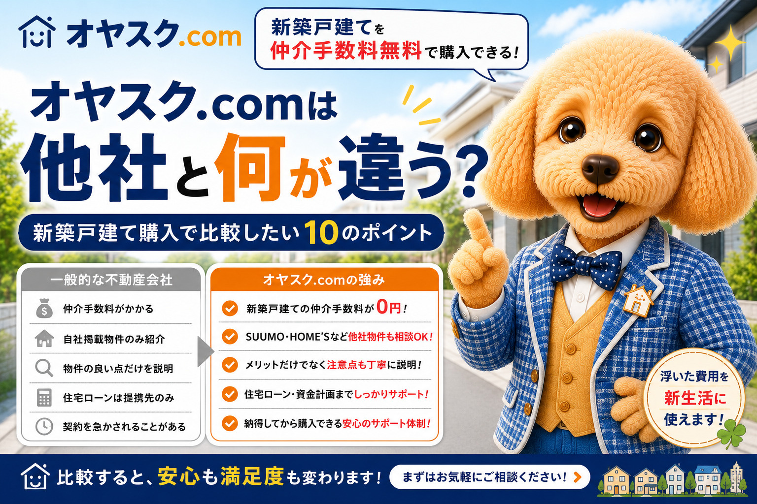 オヤスク.comと他社の違いを新築戸建ての仲介手数料無料や住宅ローン、購入総額など10項目で比較