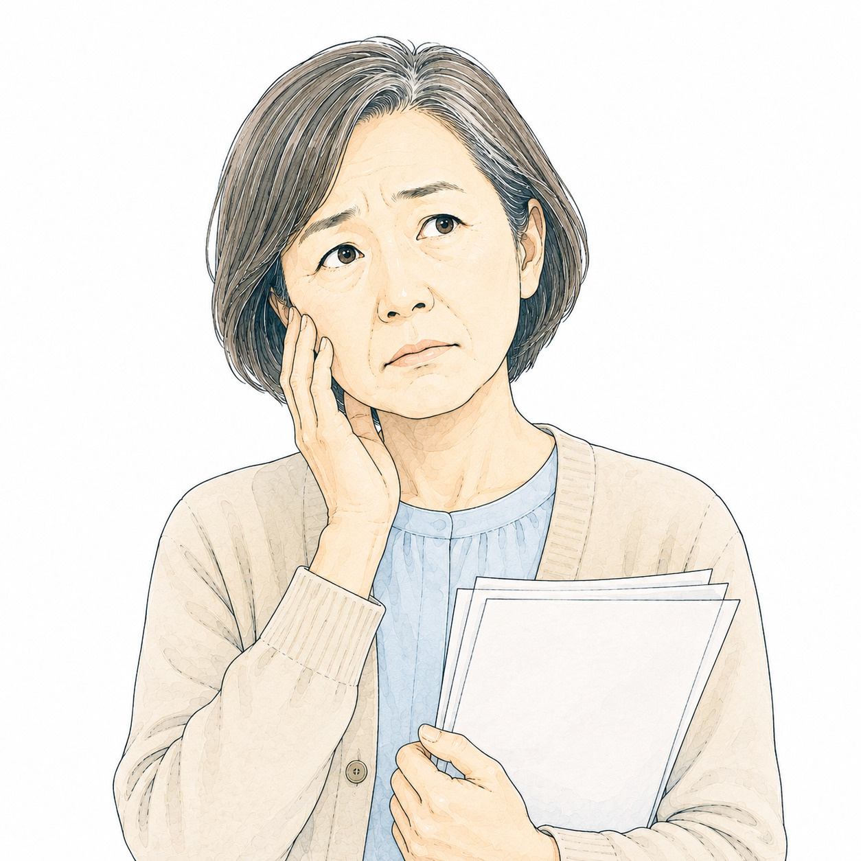 相続した農地の扱いについて相談する60代女性をイメージしたイラスト