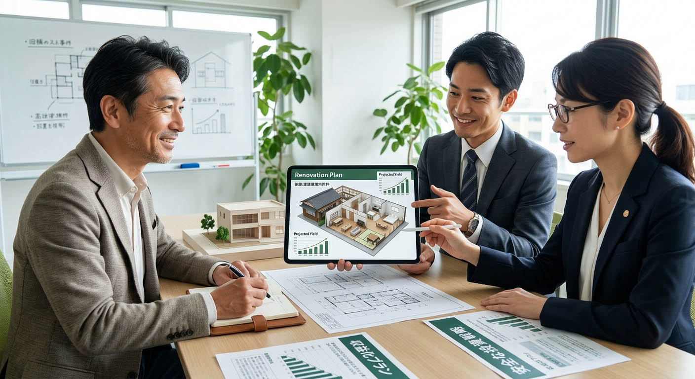 高翔バイセルの不動産担当と建築士が、市場に出回っている古い物件を安全に購入し、魅力的にリノベーションして利回りを高める事業計画をお客様に提案している安心感のある様子
