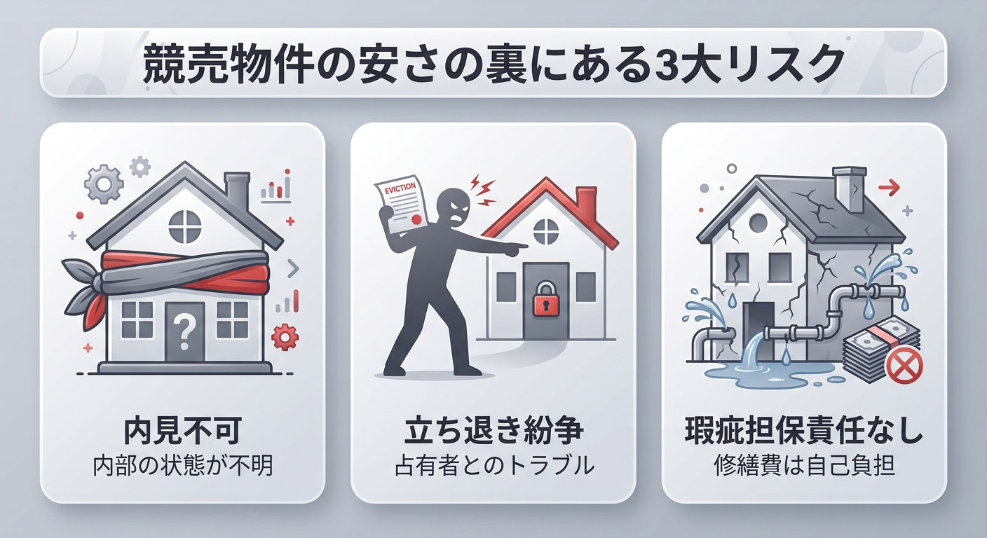 競売の「安さ」の裏に隠された3つのリスク(内覧不可を示す目隠しのアイコン、立ち退きトラブルを示す警告アイコン、修繕費の自己負担を示す壊れた家のアイコン)を視覚的に表現したインフォグラフィック