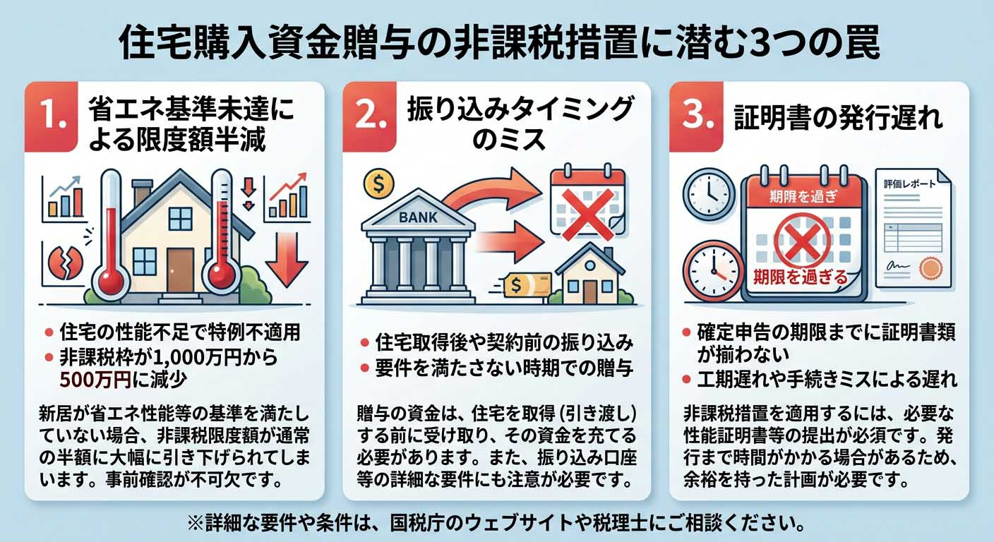 「省エネ基準未達による限度額半減」「振り込みタイミングのミス」「証明書の発行遅れ」という、贈与税非課税措置に潜む3つの罠を、警告アイコンとカレンダーで視覚的に表現したインフォグラフィック