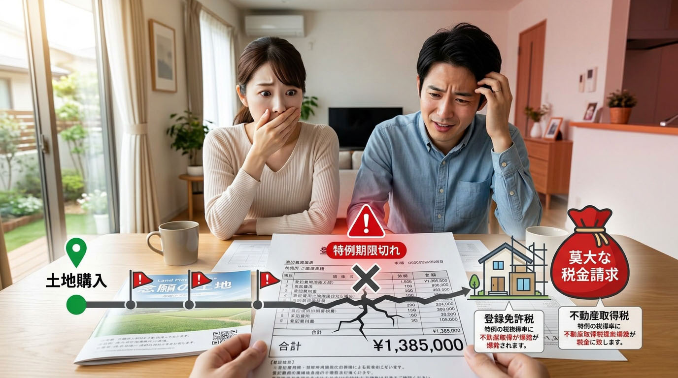 「土地購入」から「建物の新築」までのタイムラインを示したインフォグラフィック。時間が空きすぎると、登録免許税(住宅用家屋の特例)や不動産取得税の軽減措置の期限が切れてしまい、莫大な税金が請求される罠を警告している