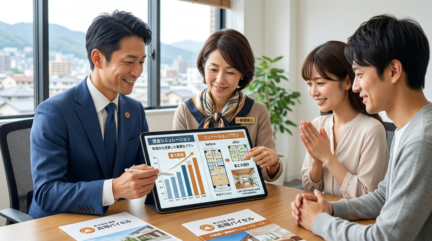 高翔バイセルの不動産担当と建築士が、お客様の現在の年収(納税額)から逆算した最適な資金シミュレーションと、中古マンションの省エネリノベーションプランをタブレットで提示し、お客様が安心している様子