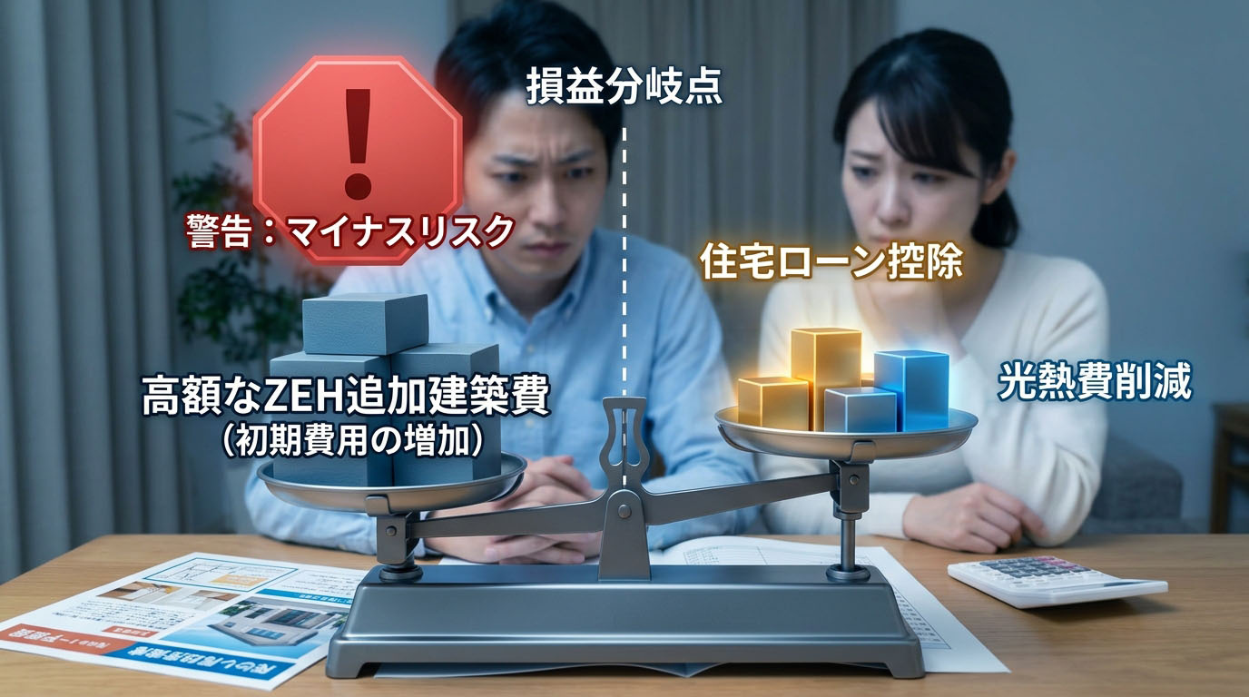 「ZEHにするための追加建築費(初期費用の増加)」と、「住宅ローン控除・光熱費削減によるメリット」の損益分岐点を示したインフォグラフィック。初期費用をかけすぎるとマイナスになるリスクを視覚化