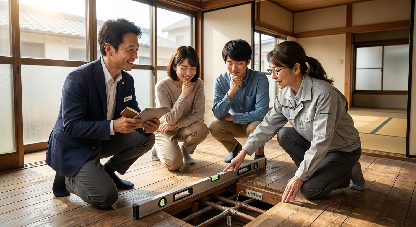 高翔バイセルの不動産担当と建築士が、再内覧の現場でお客様と一緒に床の傾きや配管の状況をチェックし、その場で修繕リスクやリノベーションの可否を説明して安心感を与えている様子