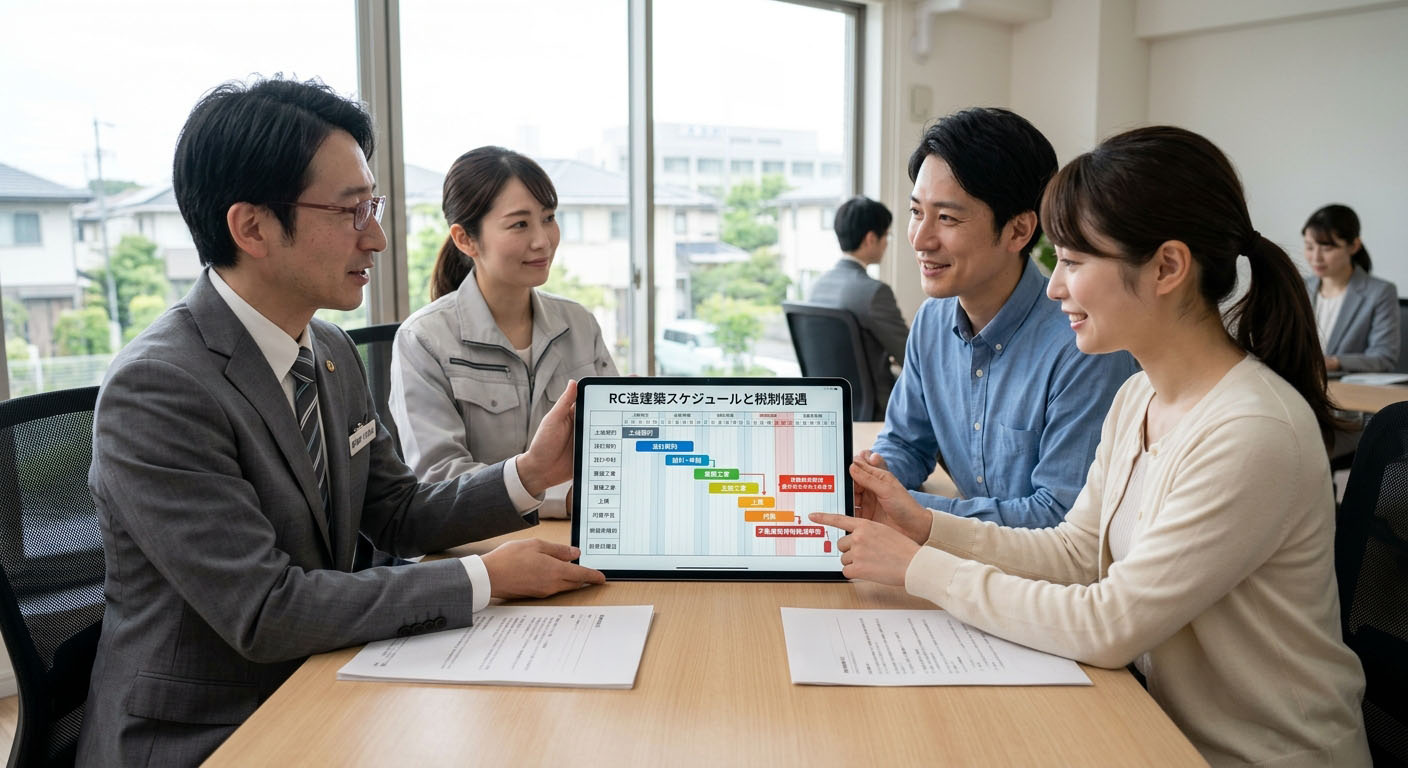 高翔バイセルの不動産担当と建築士が、土地の契約日から逆算したRC造の建築スケジュールと、不動産取得税の軽減申告のタイミングを完璧にリンクさせたガントチャートをお客様に提示している様子