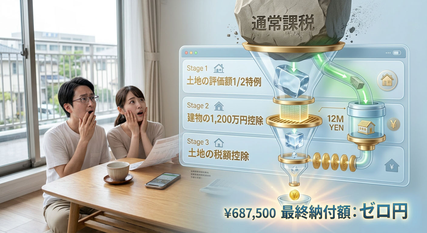 「通常の高額な税金」から、「土地の評価額1/2特例」「建物の1,200万円控除」「土地の税額控除」という軽減フィルターを通すことで、最終的な納付額が「ゼロ」になる仕組みを図解したインフォグラフィック