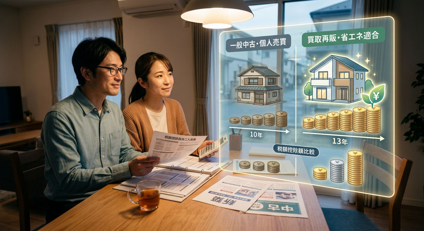 「一般中古(個人間売買=10年控除)」と「買取再販住宅(業者売主+省エネ基準適合=13年控除)」の違いを、家とコインのイラストを用いて視覚的に分かりやすく比較したインフォグラフィック