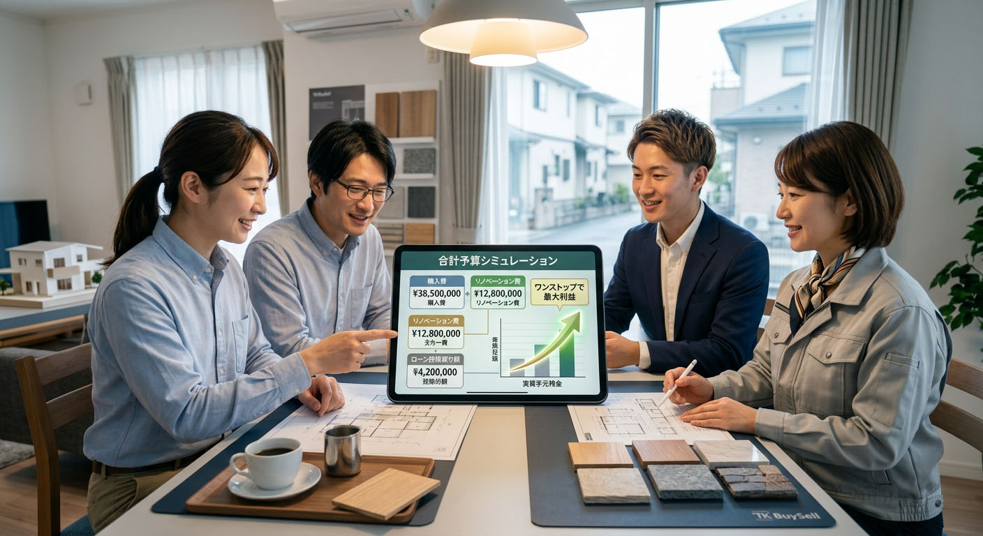 高翔バイセルの不動産担当と建築士が、物件購入費とリノベーション費用、そして住宅ローン控除の戻り額をすべて計算した『総予算シミュレーション』をタブレットで提示し、お客様が安心した笑顔を見せている様子