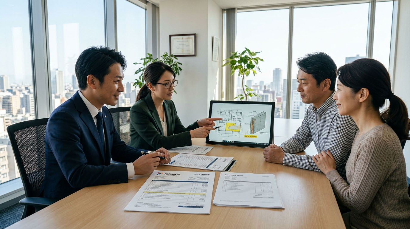 高翔バイセルの不動産担当と建築士が、他社の見積もりと自社の詳細な見積もりを並べ、マンションの構造図を見ながら「なぜこの下地補修が必要なのか」をお客様に誠実に説明している様子