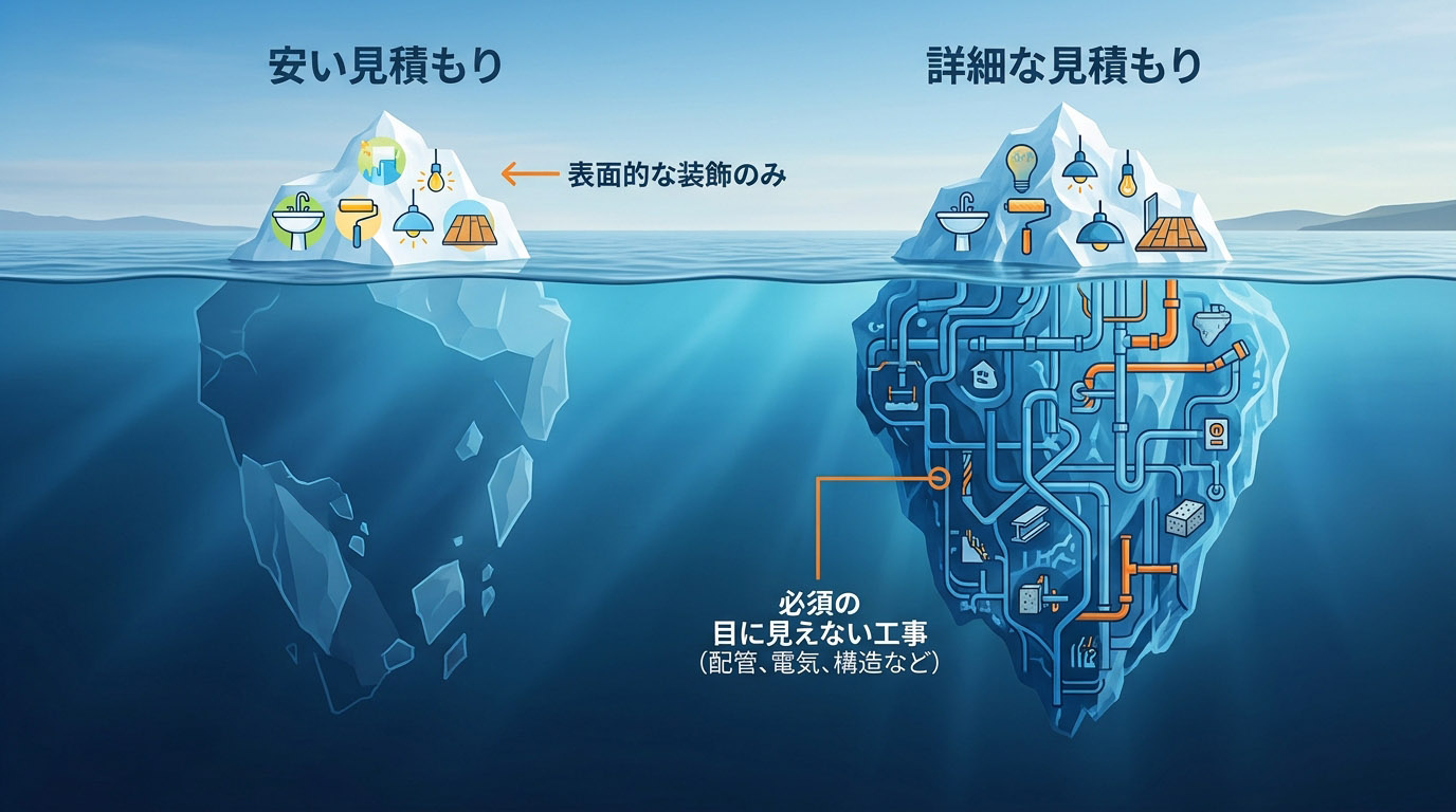 「安すぎる一式見積もり(表面だけ)」と「詳細な項目別見積もり(見えない配管や下地補修までカバー)」の違いを、氷山のイラストを用いて視覚的に比較したインフォグラフィック