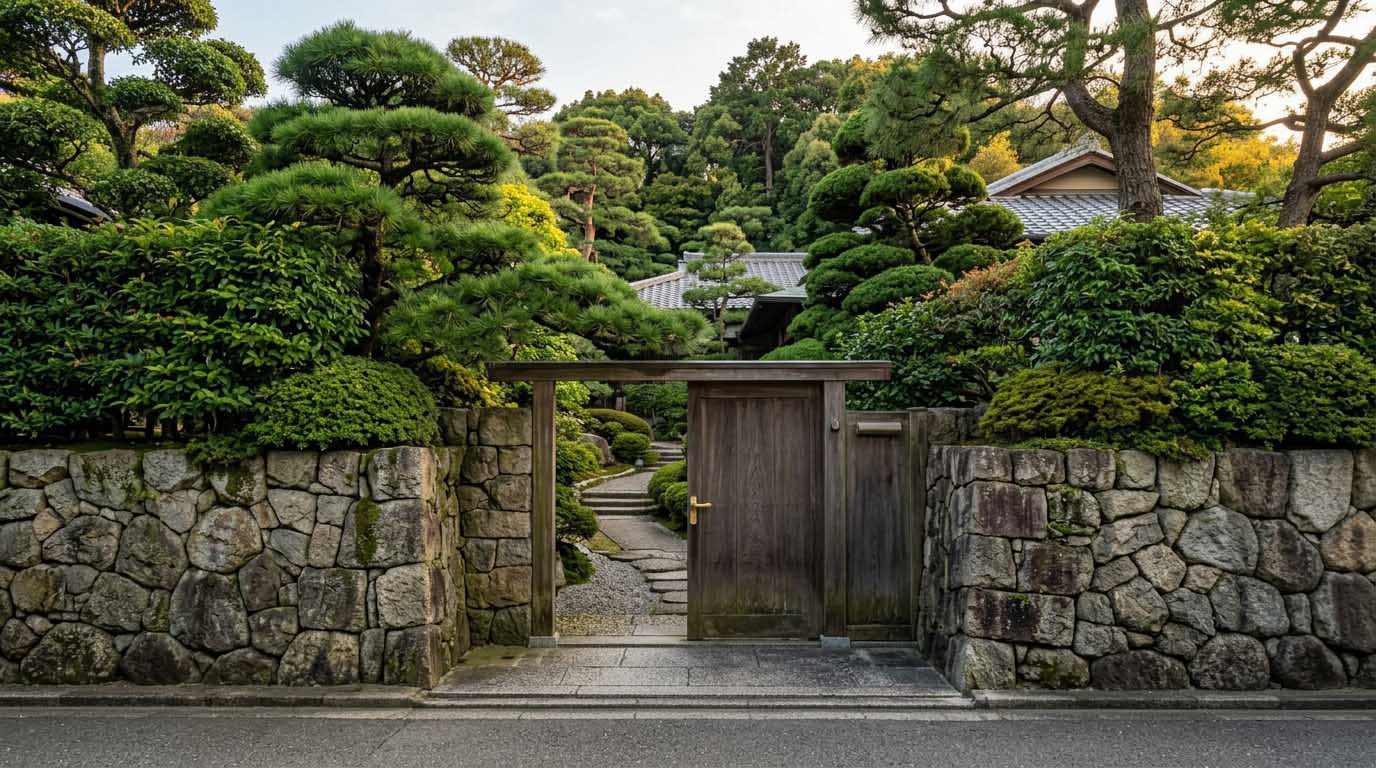 六麓荘町の落ち着いた街並みの中、華美な装飾のない重格な門構えと、それを維持するための手入れされた庭木の様子。派手さよりも「歴史と品格」を重んじる住人層を表現したイメージ