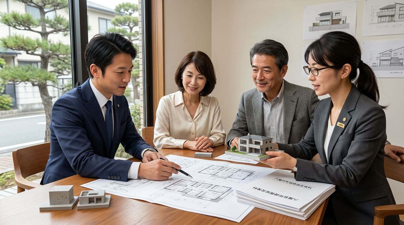高翔バイセルの不動産担当と建築士が、六麓荘町の厳しい建築協定の資料と、それをクリアする洗練されたRC造の設計図をお客様に提示し、二人三脚で邸宅づくりを進めている様子