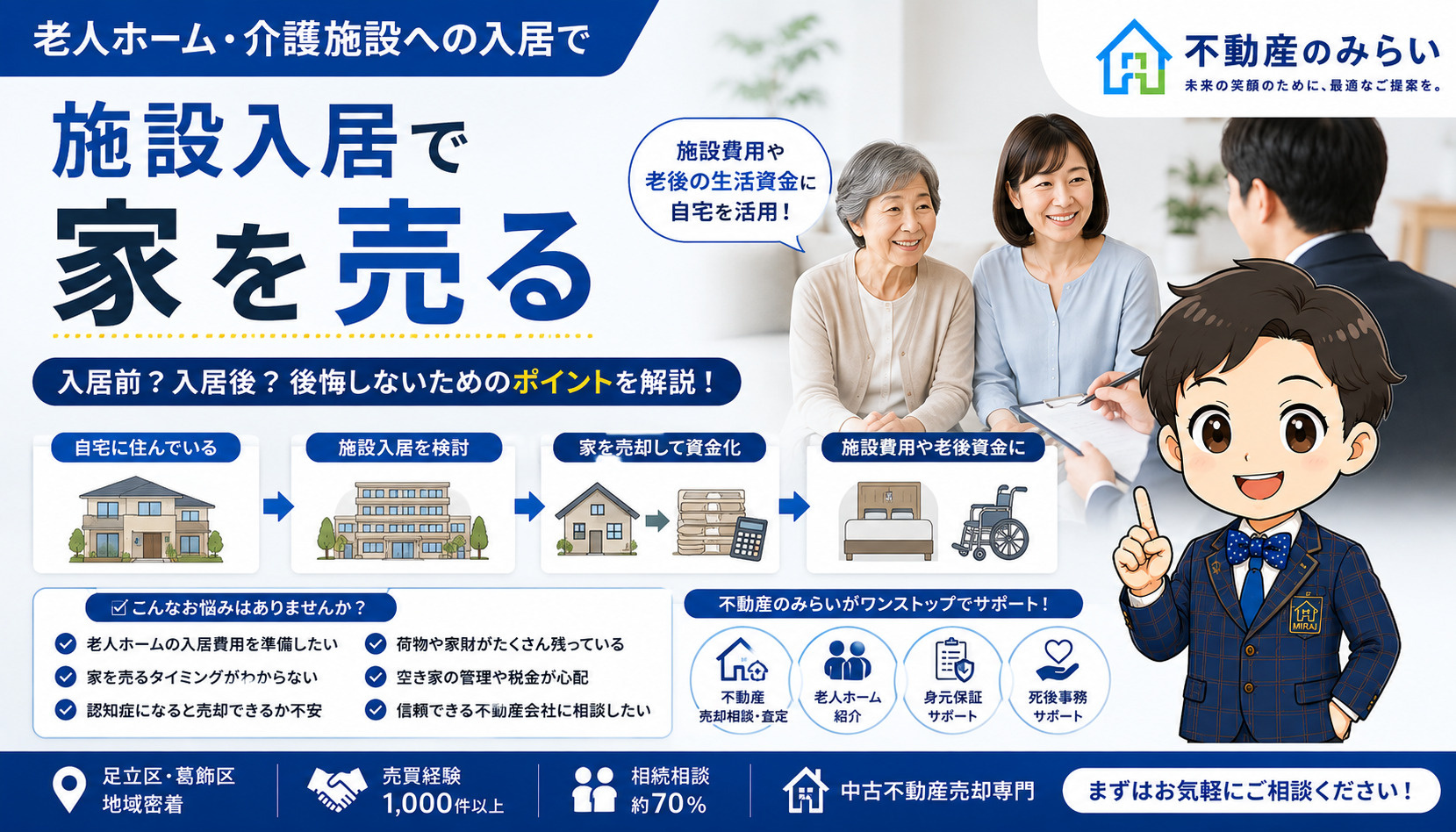 老人ホームや介護施設への入居で家を売る方法と入居前後の自宅売却を解説する不動産のみらい