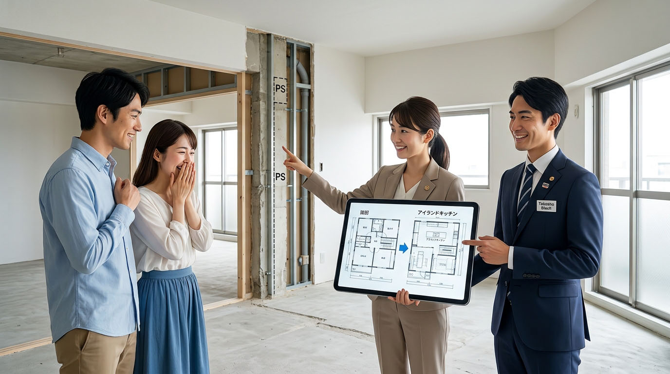 高翔バイセルの不動産担当と建築士が、内覧中の中古マンションで、床の構造やパイプスペース(PS)の位置を確認し、お客様に「ご希望のアイランドキッチンへの変更が可能です」と図面を交えて笑顔でアドバイスしている様子