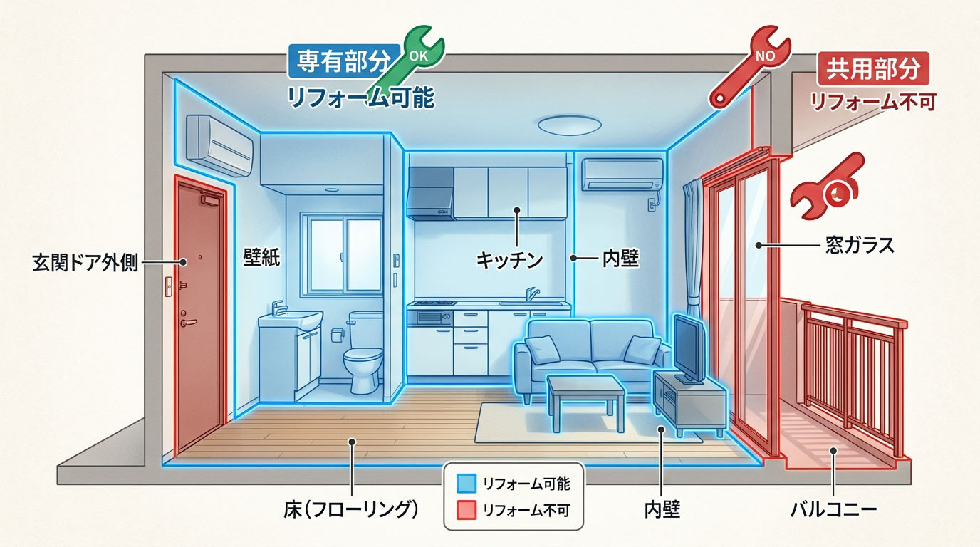 マンションの一室の断面図を用いたインフォグラフィック。「専有部分(壁紙・床・キッチン)」と「共用部分(玄関ドアの外側・窓ガラス・バルコニー)」を色分けし、リフォーム可能な境界線を分かりやすく示している