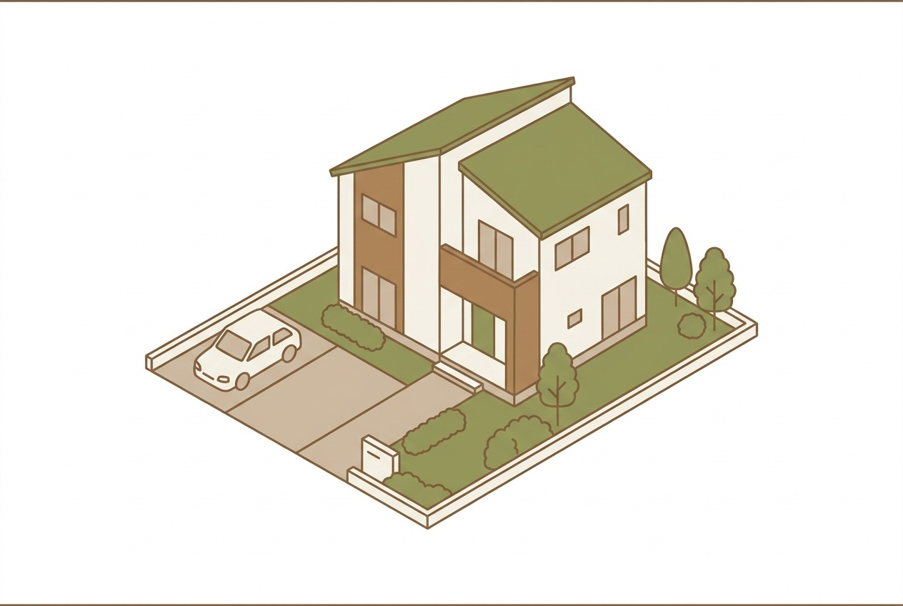 庭と駐車スペースのある戸建て、土地の広がりを示すイメージ