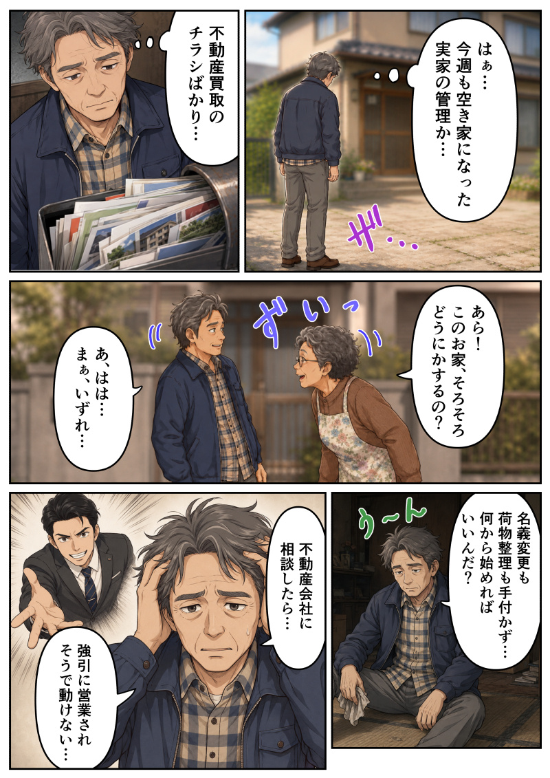 ①空き家になった実家の前に立つ初老の男性。「はぁ…今週も空き家になった実家の管理か…」とため息をついています。
②郵便受けにはチラシがパンパンに溜まっており、「不動産買取のチラシばかり…」とウンザリした表情を浮かべています。
③近所の女性に「あら!このお家、そろそろどうにかするの?」と声をかけられ、男性は「あ、ははは…まぁ、いずれ…」と気まずそうに愛想笑いをしながら答えています。
④家の中で座り込み、「名義変更も荷物整理も手付かず… 何から始めればいいんだ?」と頭を抱えて思い悩む男性。
⑤さらに、「不動産会社に相談したら…強引に営業されそうで動けない…」と、強引な不動産営業マンの姿を想像してしまい、八方塞がりで困り果てています。