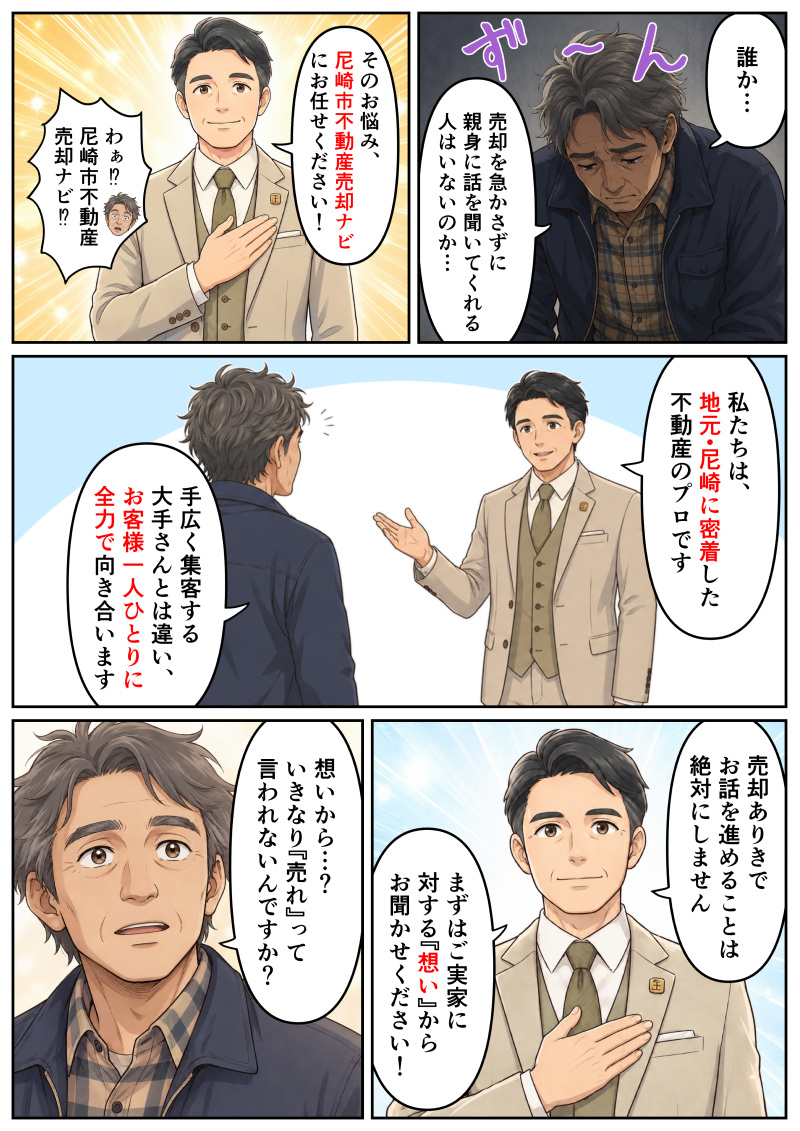 ①うつむき加減で「誰か…売却を急かさずに親身に話を聞いてくれる人はいないのか…」と深く悩む男性。
②そこにスーツ姿の担当者が現れ、「そのお悩み、尼崎市不動産売却ナビにお任せください!」と胸に手を当てて頼もしく宣言する。突然の登場に驚く男性。
③担当者は「私たちは、地元・尼崎に密着した不動産のプロです」「手広く集客する大手さんとは違い、お客様一人ひとりに全力で向き合います」と男性に説明する。
④さらに担当者は真摯な表情で「売却ありきでお話を進めることは絶対にしません」「まずはご実家に対する『想い』からお聞かせください!」と語りかける。
⑤その言葉を聞いた男性は、少し安心したような驚いた表情で顔を上げ、「想いから…?いきなり『売れ』って言われないんですか?」と尋ねる。