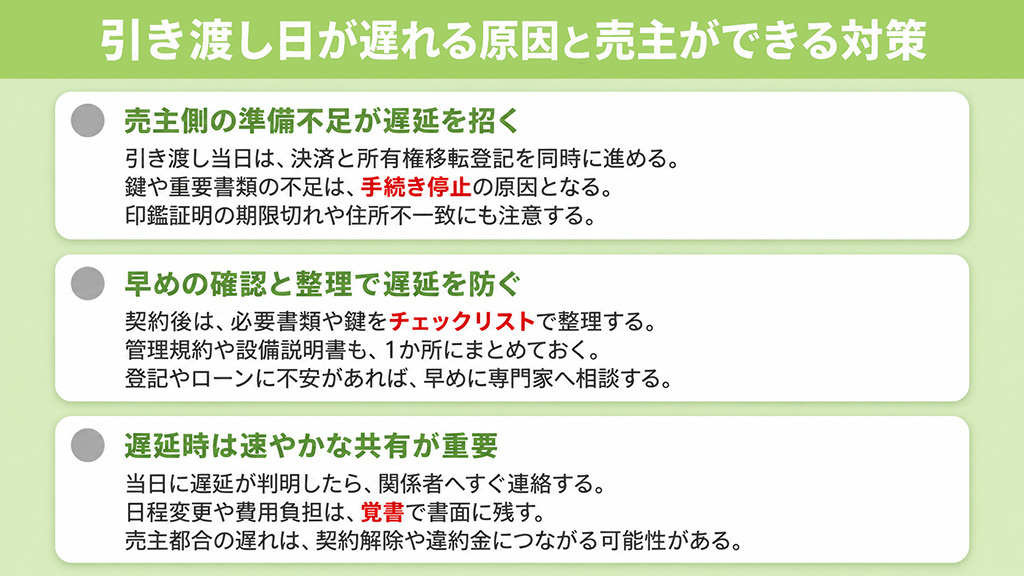 引き渡し日が遅れる原因と売主ができる対策