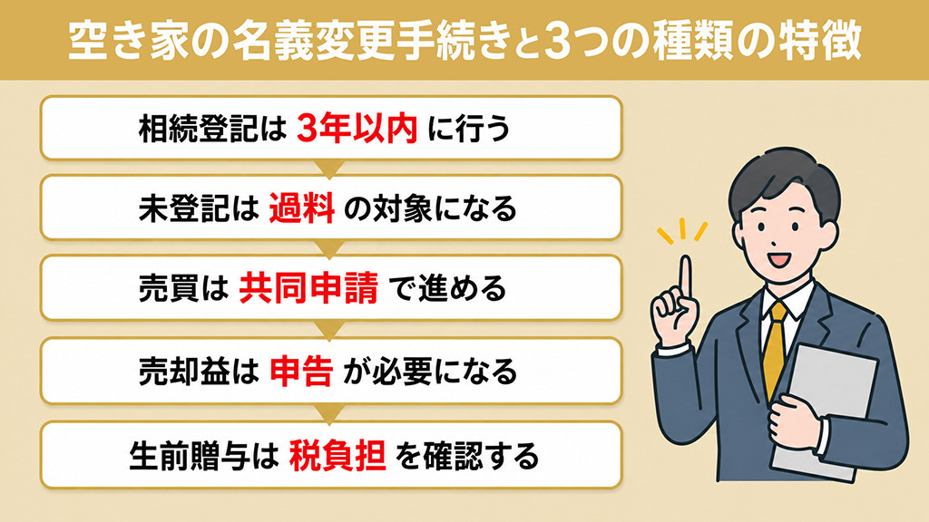 空き家の名義変更手続きと3つの種類の特徴