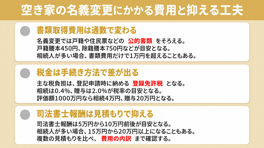 空き家の名義変更にかかる費用と抑える工夫
