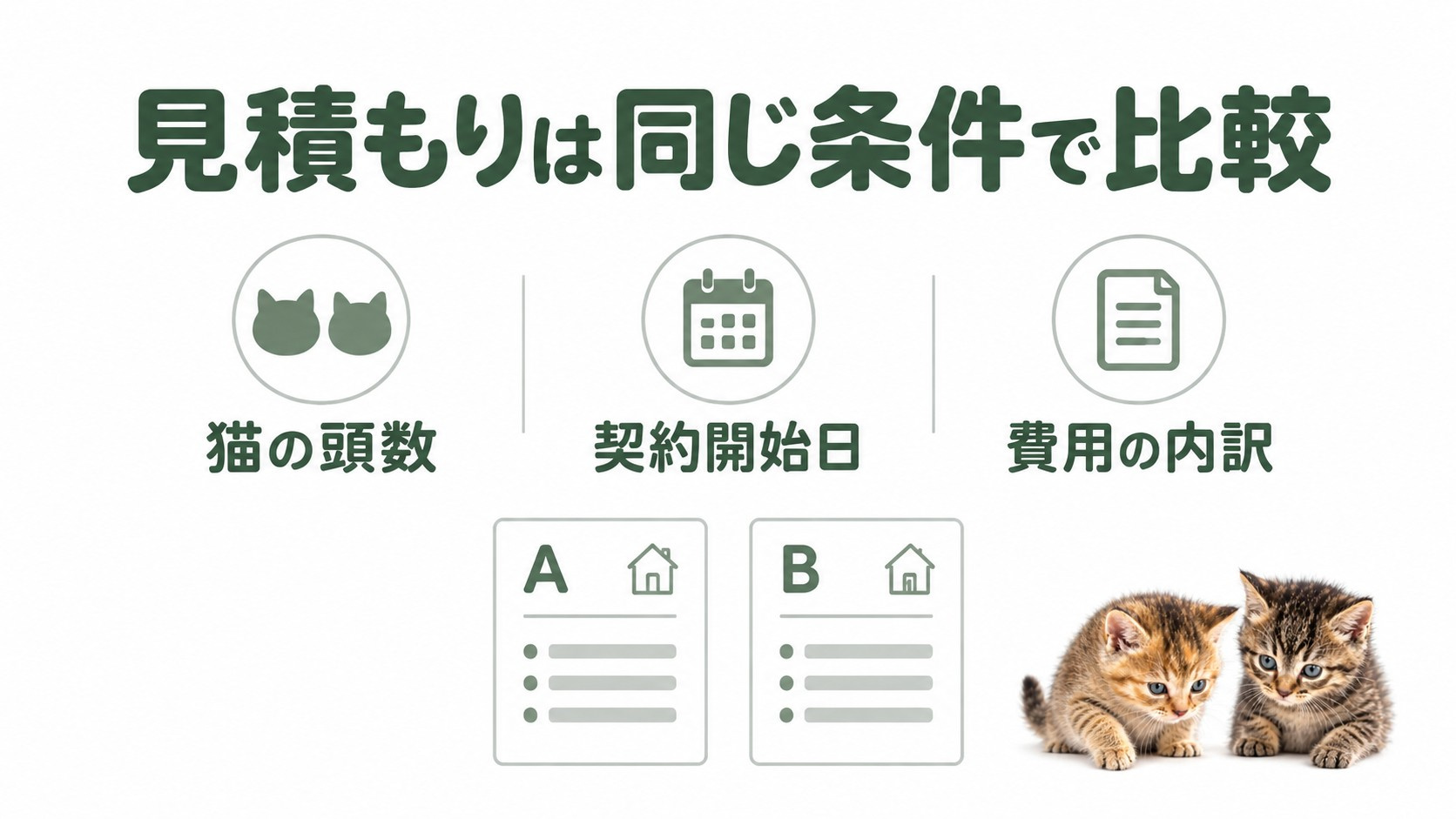 猫の頭数・契約開始日・費用の内訳をそろえて見積もりを比較するのあ&みあ