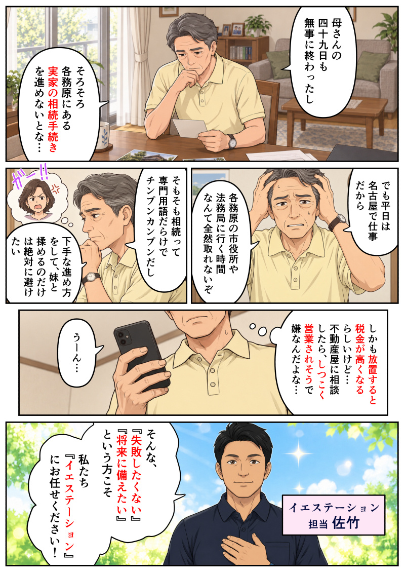 ①リビングで手紙を見つめながら考え込む中高年の男性。「母さんの四十九日も無事に終わったし」「そろそろ各務原にある実家の相続手続きを進めないとな…」とつぶやいている。
②男性が頭を抱えて焦った様子を見せる。「でも平日は名古屋で仕事だから」「各務原の市役所や法務局に行く時間なんて全然取れないぞ」と時間のなさに悩んでいる。
③男性が腕を組み、妹が怒っている様子を想像しながら困惑している。「そもそも相続って専門用語だらけでチンプンカンプンだし」「下手な進め方をして、妹と揉めるのだけは絶対に避けたい」と考えている。
④スマートフォンを手に持ち、さらに渋い顔で考え込む男性。「しかも放置すると税金が高くなるらしいけど…不動産屋に相談したら、しつこく営業されそうで嫌なんだよな…」「うーん…」と八方塞がりになっている。
⑤イエステーションの担当者(佐竹)が笑顔で自信ありげに胸に手を当てて登場する。「そんな、『失敗したくない』『将来に備えたい』という方こそ」「私たち『イエステーション』にお任せください!」と力強くアピールしている。