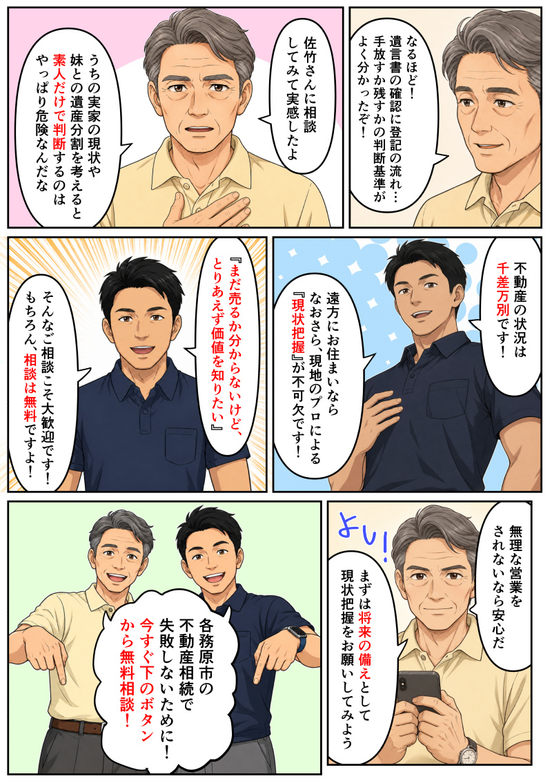 ①男性が明るい表情で深く納得している。「なるほど!遺言書の確認に登記の流れ…手放すか残すかの判断基準がよく分かったぞ!」と、説明を受けて理解を深めた様子。
②男性が胸に手を当てて真剣に語る。「佐竹さんに相談してみて実感したよ」「うちの実家の現状や妹との遺産分割を考えると素人だけで判断するのはやっぱり危険なんだな」と、専門家に相談する重要性を痛感している。
③担当者の佐竹が笑顔で胸を張り説明する。「不動産の状況は千差万別です!」「遠方にお住まいならなおさら、現地のプロによる『現状把握』が不可欠です!」と、プロのサポートの必要性を説いている。
④佐竹が優しい笑顔で手のひらを向けて話す。「『まだ売るか分からないけど、とりあえず価値を知りたい』」「そんなご相談こそ大歓迎です!もちろん、相談は無料ですよ!」と、気軽に相談できることをアピールしている。
⑤男性がスマートフォンを片手に持ち、「よし!」と決意した表情を見せる。「無理な営業をされないなら安心だ」「まずは将来の備えとして現状把握をお願いしてみよう」と、前向きに相談へ進もうとしている。
⑥男性と佐竹が二人並んで笑顔を見せ、画面の下の方を指差している。「各務原市の不動産相続で失敗しないために!今すぐ下のボタンから無料相談!」と、読者を無料相談へのアクションへと強く促している。