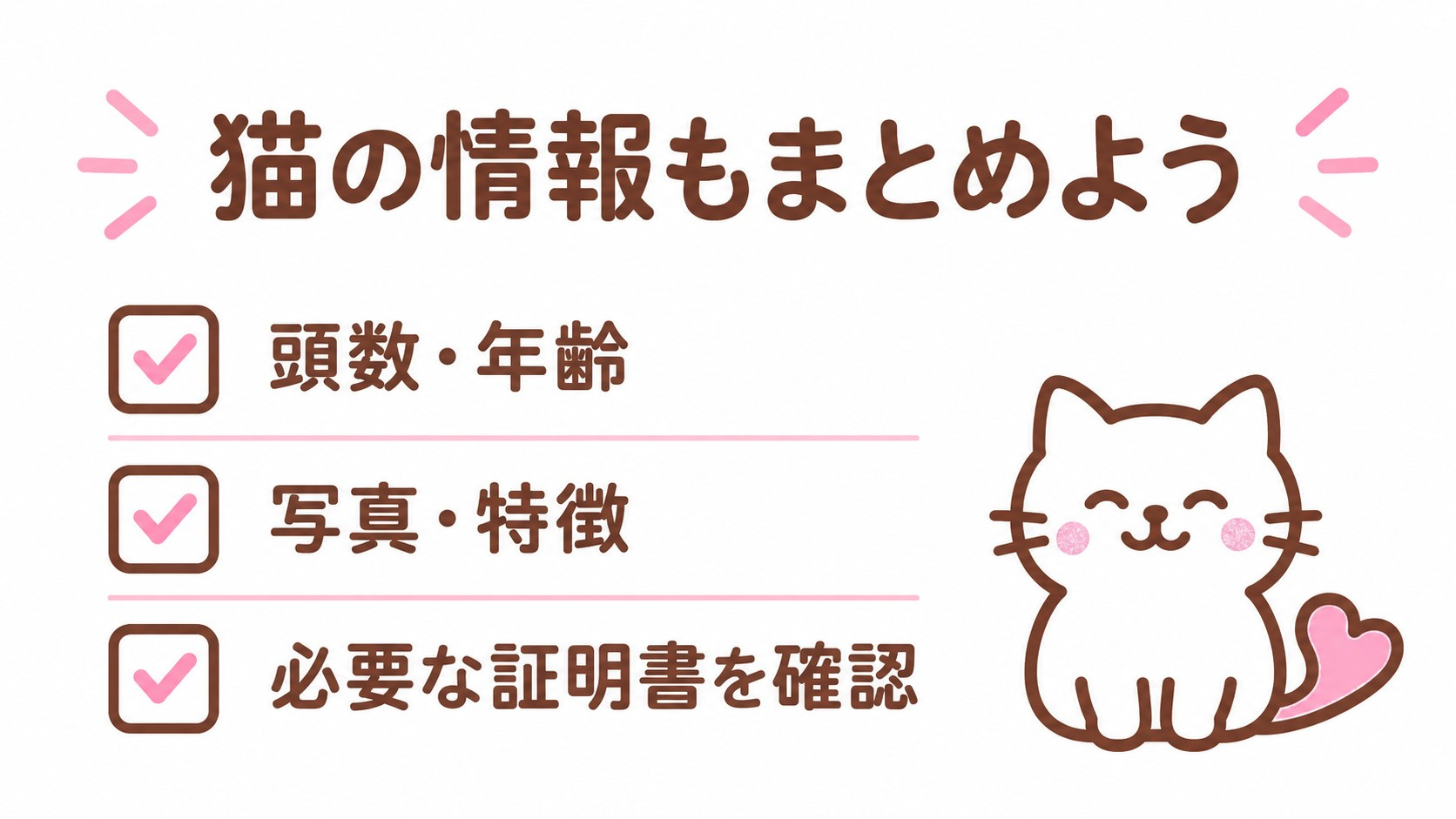 猫の頭数・年齢、写真・特徴、必要な証明書を整理するチェック図
