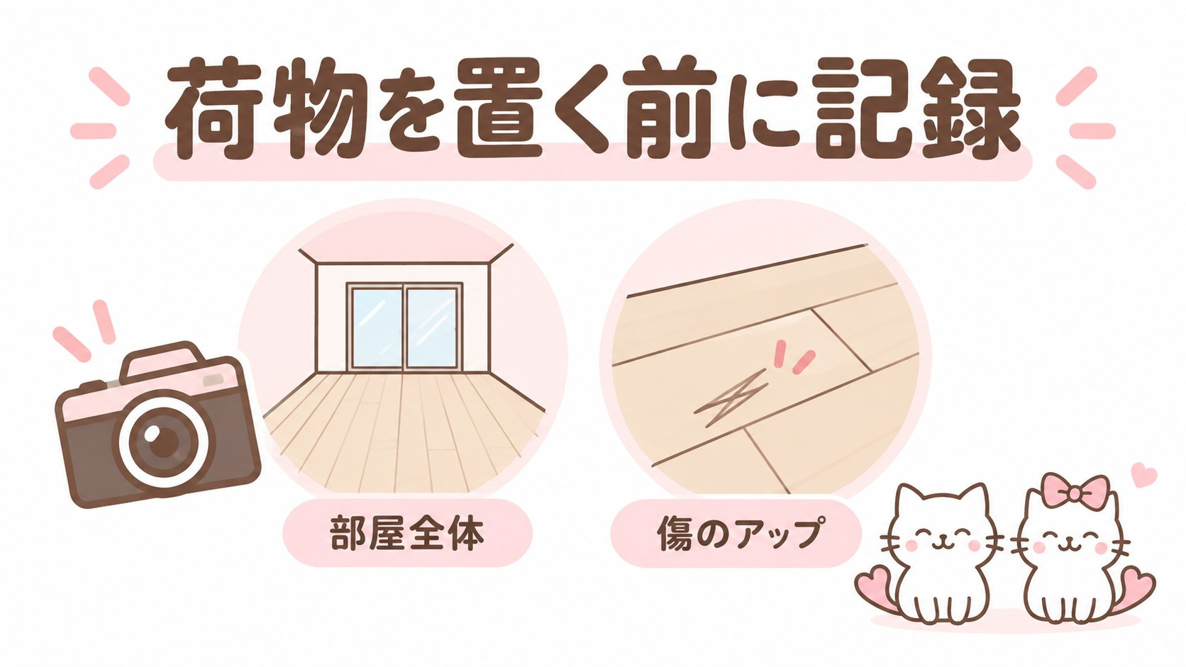 荷物を置く前に部屋全体と傷のアップを撮影
