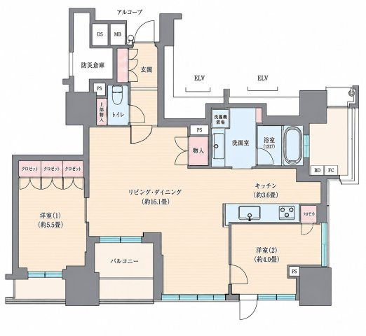 プラウドタワー梅田豊崎 2401 2LDK 間取り図