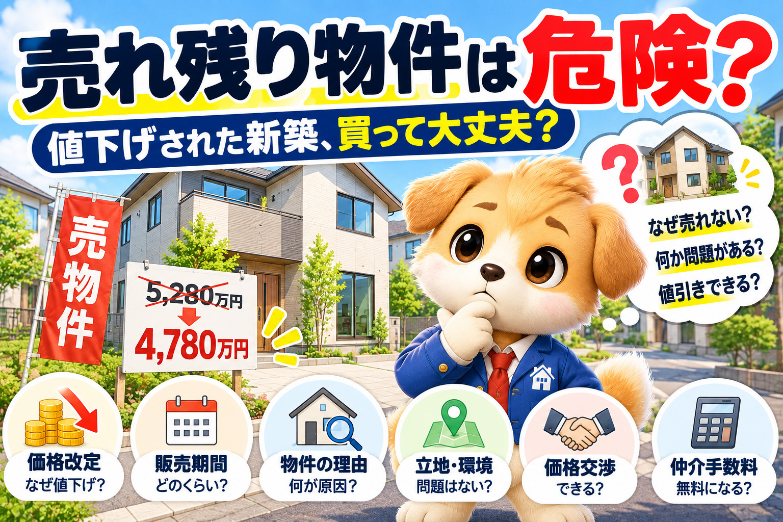 売れ残りの新築戸建ては危険か、値下げされた建売住宅の購入判断を解説するオヤスク.comのみらい君