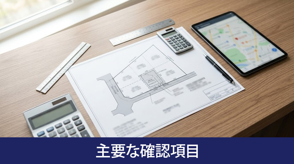 面積や道路など敷地調査の主要な確認項目