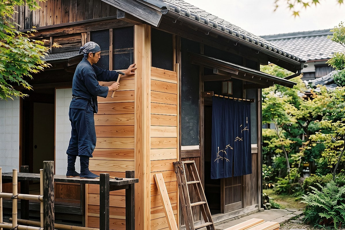 瓦屋根の古い木造住宅で、職人が外壁に新しい木の板を張っているイメージ写真
