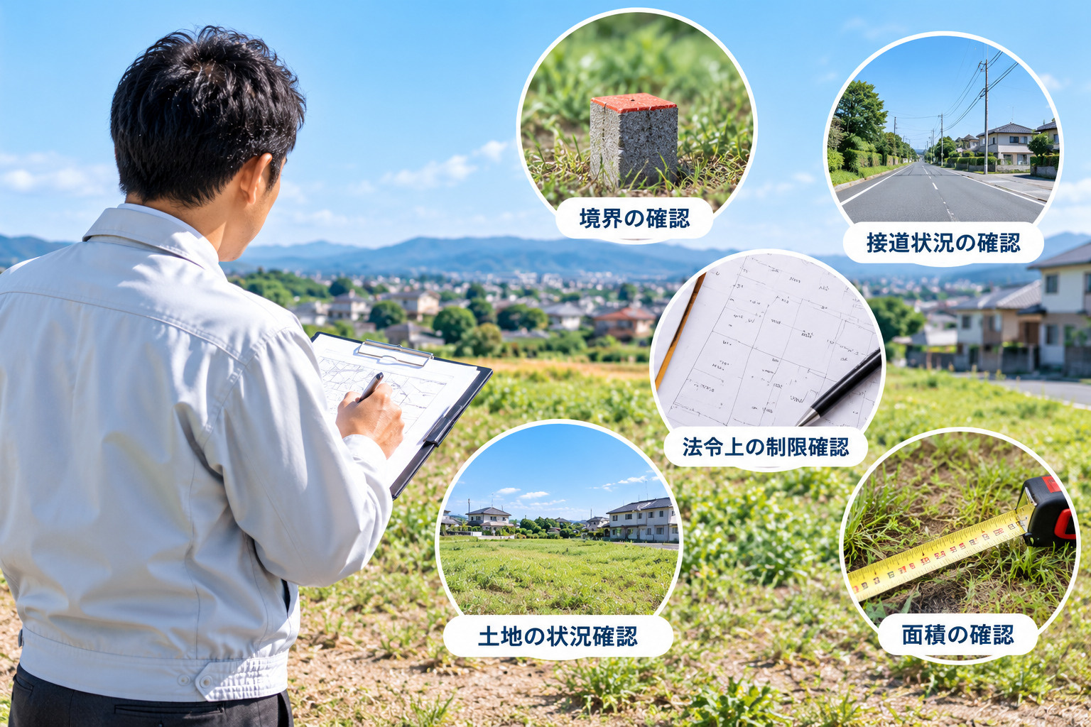 土地の境界・接道・法令上の制限などを調査しているイメージ