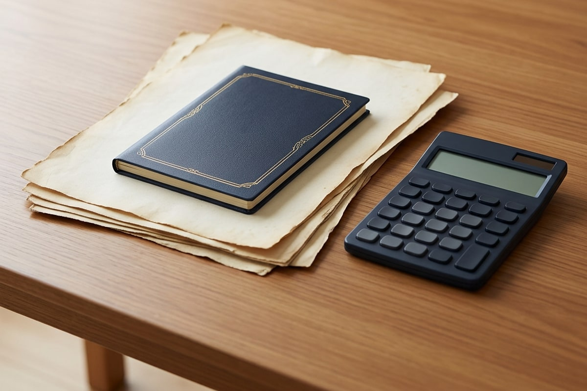 机の上に置かれた古い書類の束と紺色の手帳、電卓のイメージ写真
