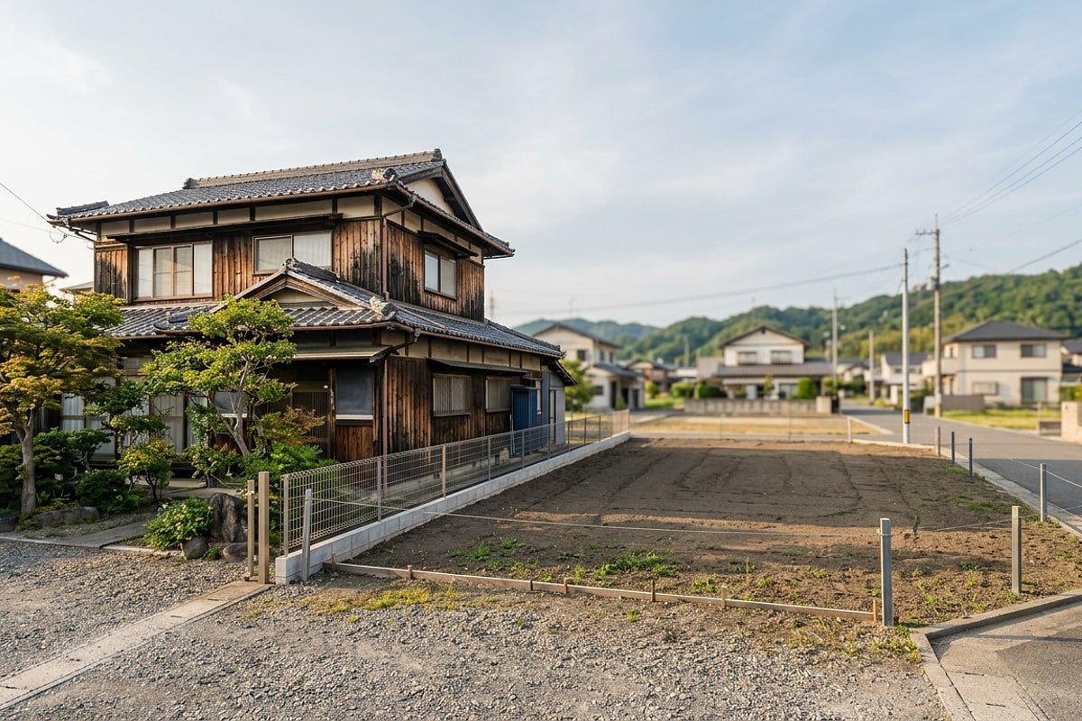 瓦屋根の古い木造の家と、隣の更地のイメージ写真