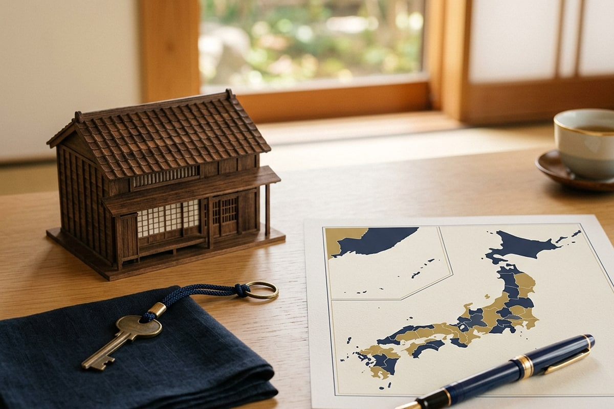 机の上の古い家の模型と鍵、地図のイメージ写真