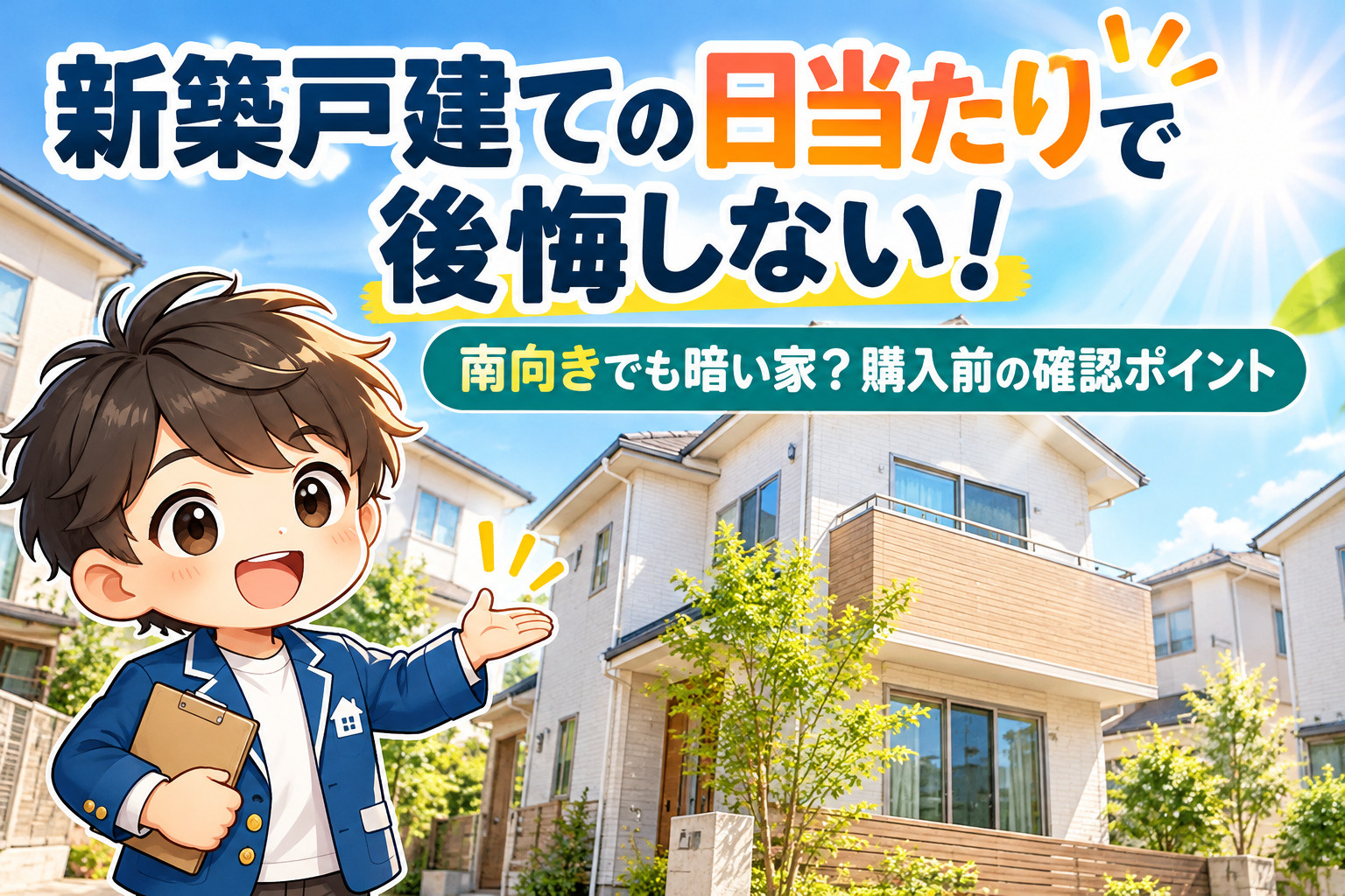 新築戸建ての日当たりを確認するみらい君と南向き住宅のイメージ