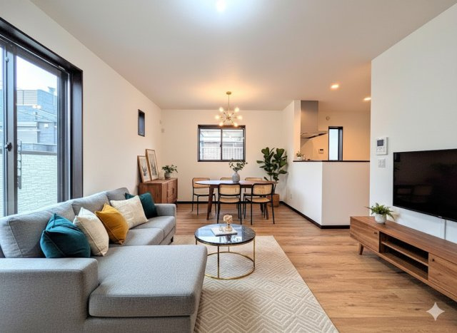 岡本2丁目　新築戸建てのその他|［モデルハウス］◆家族で食卓を囲むダイニングスペースと、ソファでゆったりくつろぐリビングスペースがしっかり区切られているので家具の配置や用途を使いわけしやすいです。
