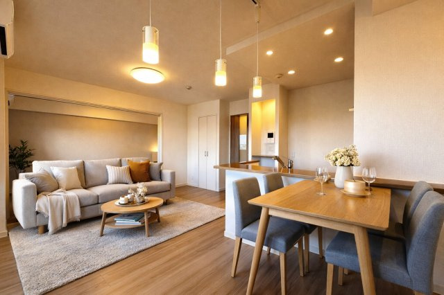 日神パレステージ北千住の居間・リビング|陽だまりのような温もりに包まれる広々リビング。家族の笑顔と心地よい毎日を育む、かけがえのない場所に。※AIによるCG画像加工を行っています。