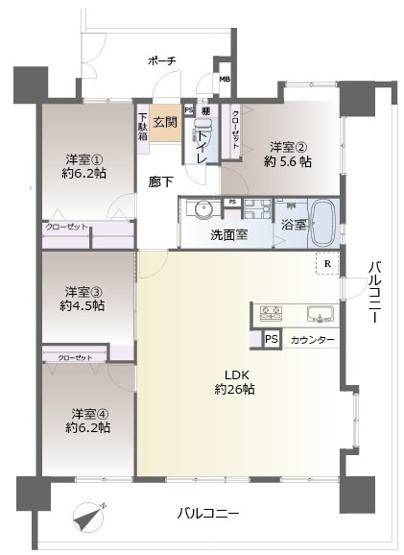 【間取り】 | サンジュールイースト箱崎 | リフォーム済みで気持ちよく新生活を始められます。充実した収納で居住スペースは広く使えます