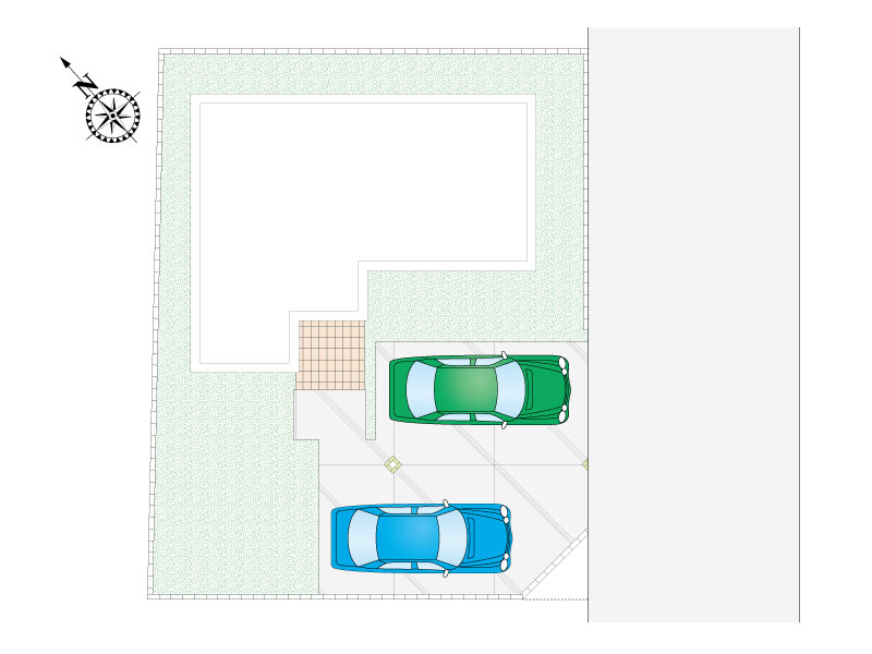 久喜市葛梅1丁目（全3区画）2号棟　区画図　並列2台駐車可能です。前面道路は幅5.5ｍあり、車の出し入れもしやすいです。外水栓はホースをつないで洗車やガーデニングなどにご活用いただけます。