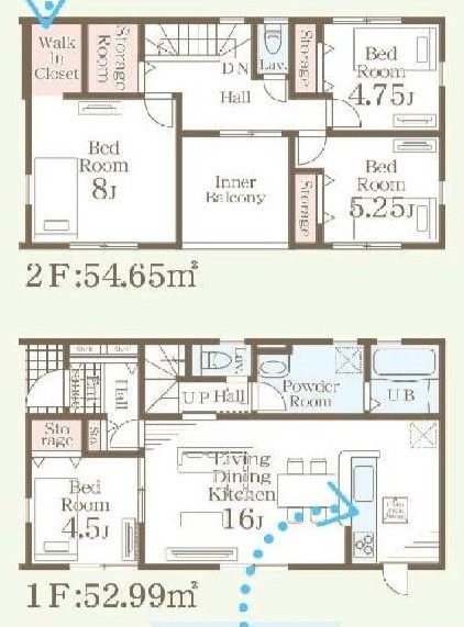 高橋場町住宅の間取り|建物面積100.19㎡　ウォークインクローゼット・各部屋収納付きで便利です！インナーバルコニーなので突然の雨でもお洗濯物も安心です♪
							
