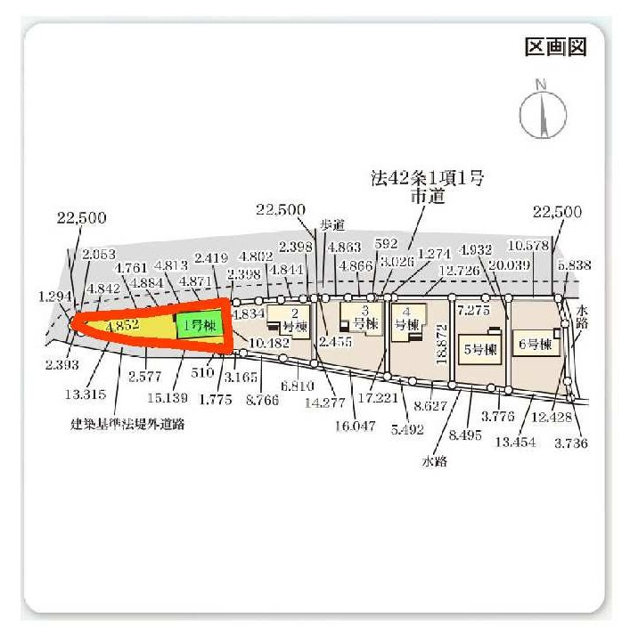 高橋場町住宅の区画図|1号棟　区画図　駐車場並列4台駐車可能！			
