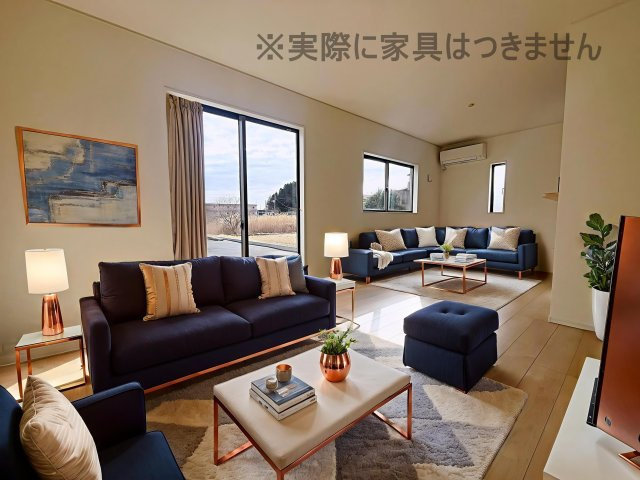 新築戸建・新築建売　二本松市油井第5　油井小・安達中の居間・リビング|画像はバーチャルホームステージングの加工による演出で、実際の家具は付きません。