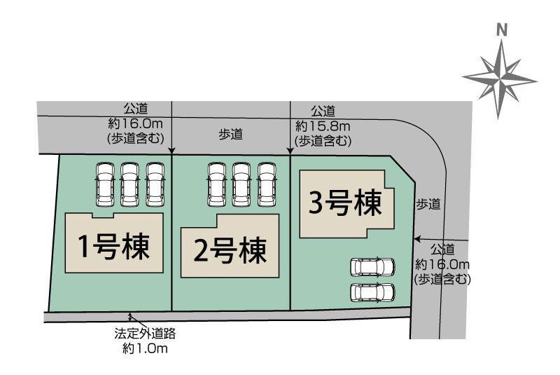 新築　みどり市大間々町大間々2期　Blooming　Garden　１号棟の区画図|1号棟　区画図　北側接道幅員約15ｍ　東側接道幅員約16ｍ			
	
